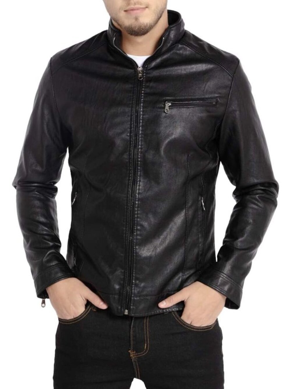 Men's Vintage Dark Black Faux Leather Motorcycle Jacket Stand Collar Biker Coat